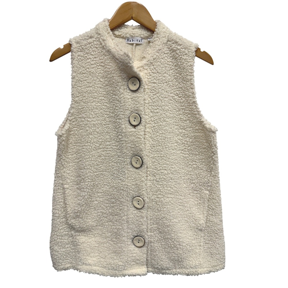 Habitat Womens Cream Sherpa Faux Shearling Button Front Mock Neck Vest Small
